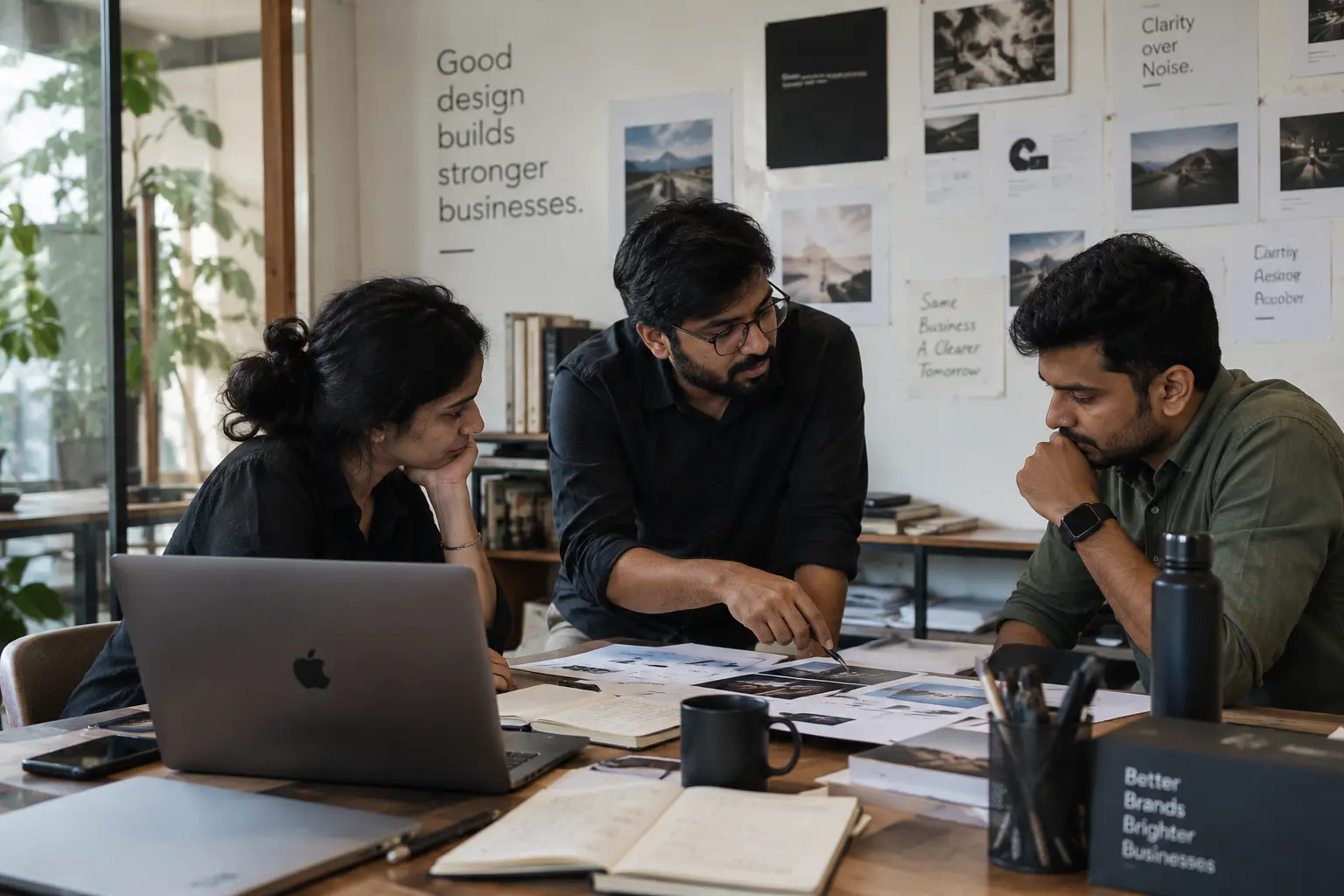 Creative team discussing business strategy during a working session